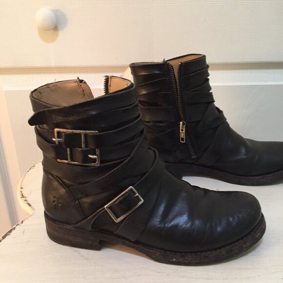 Frye Women’s Veronica Strappy Black Leather Moto Boot Size US 7.5 - Picture 2 of 16